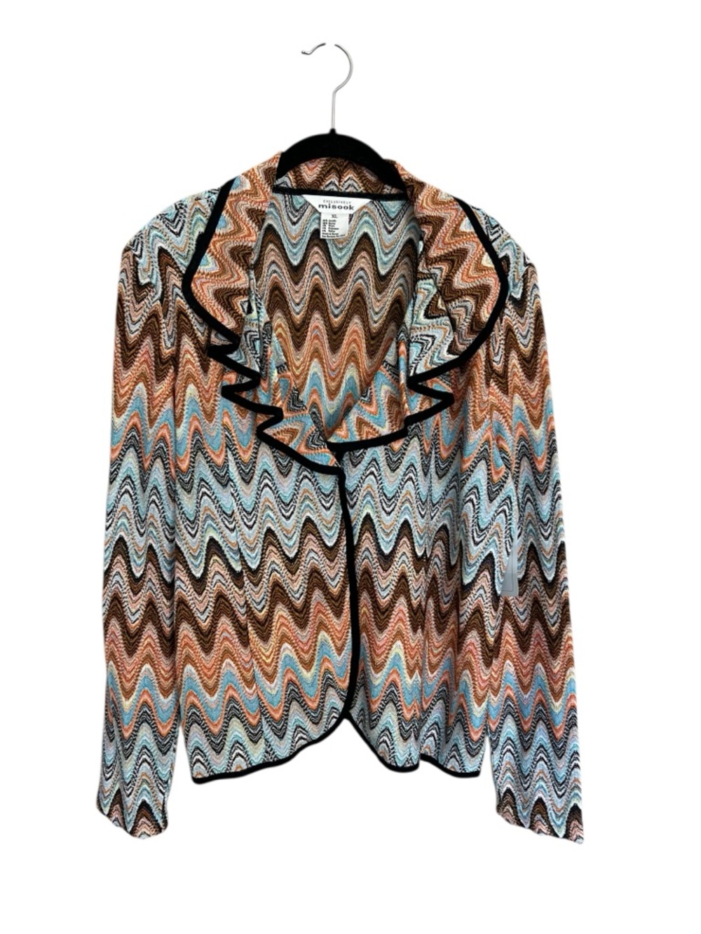 NWT Exclusively Misook chevron zigzag print cardigan jacket ruffle trim sz XL